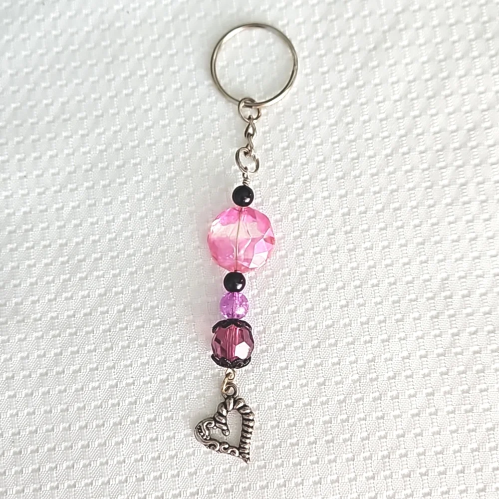 Hand Crafted Sparkling Heart Charm Keychain with Pink and Purple Beads
